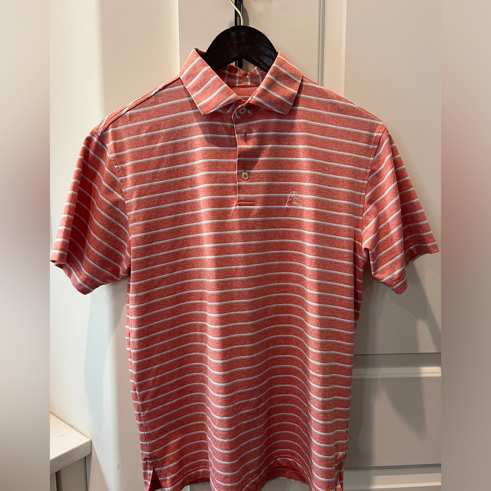 Rhoback size small red polo with light blue and white stripes.